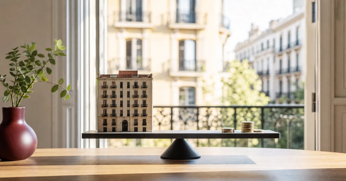 Apartment model balanced with coins in a bright Barcelona interior near an Eixample balcony