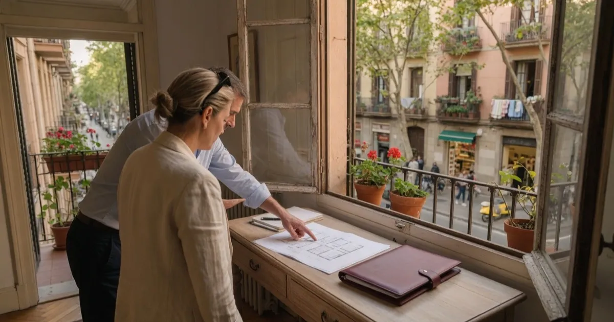 Apartment viewing in Barcelona: a foreign buyer and an agent review a floor plan by a window