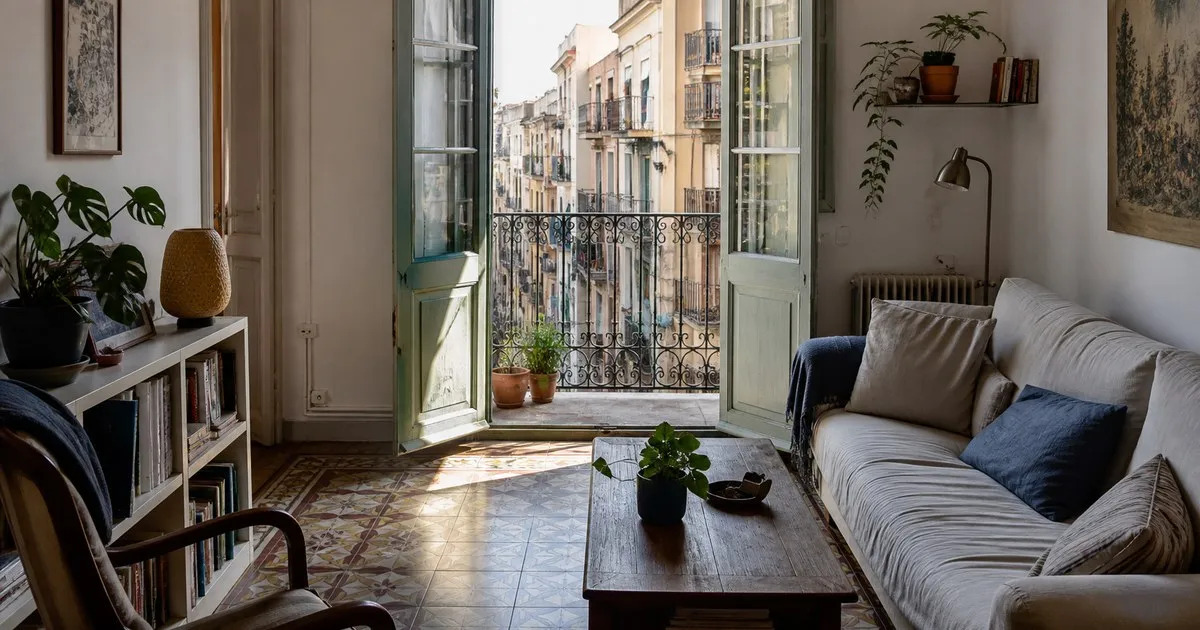 Piso de Gràcia con suelo hidráulico, puertas de balcón tradicionales y luz natural