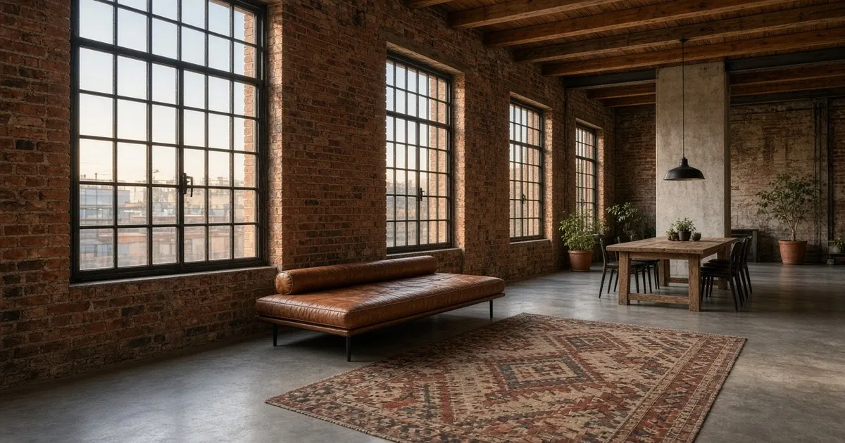 Converted Poblenou loft with exposed brick, steel factory windows and a cognac leather daybed