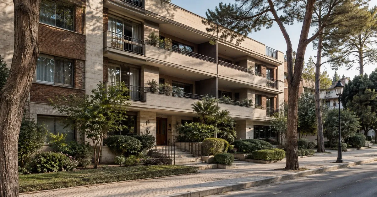 Illustration of a residential building with terraces and a garden, inspired by Sarrià-Sant Gervasi