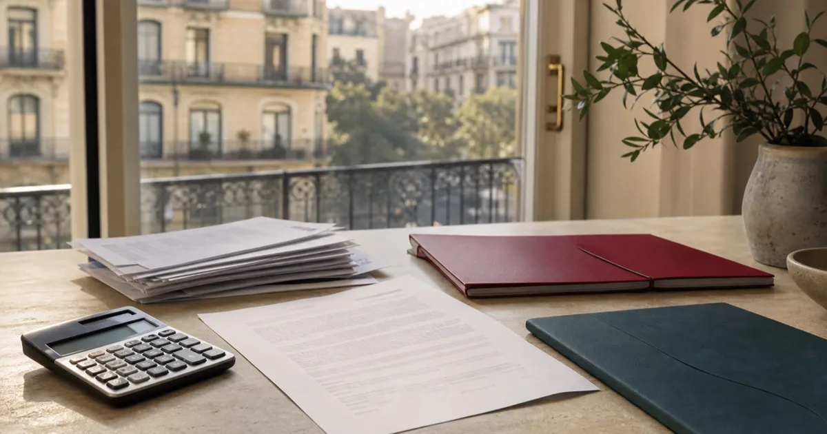 Documentación de compraventa, facturas de reforma y calculadora junto a una ventana de un piso de Barcelona