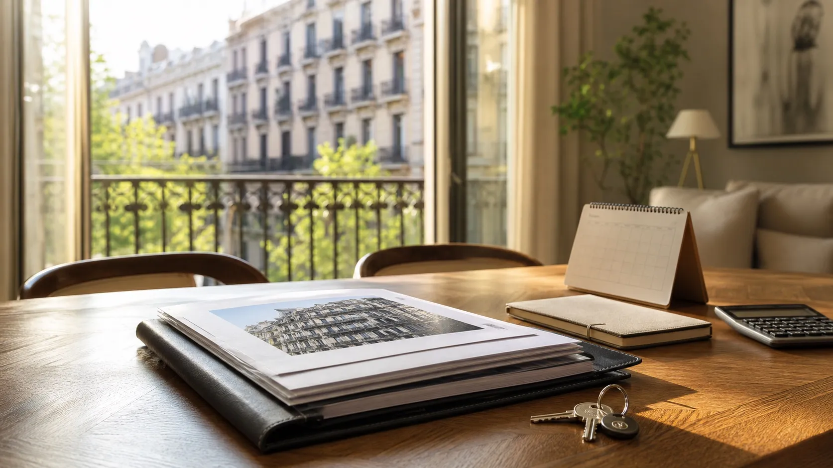 Mesa con documentos, llaves y calculadora frente a un balcón de Barcelona, para analizar opciones de una licencia turística