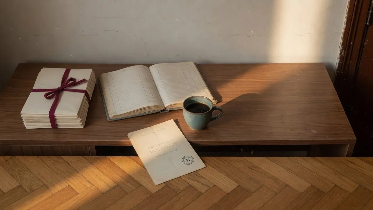 Aparador de madera con un fajo de sobres atado en burdeos, un cuaderno de cuentas abierto y un café, sobre parquet en espiga