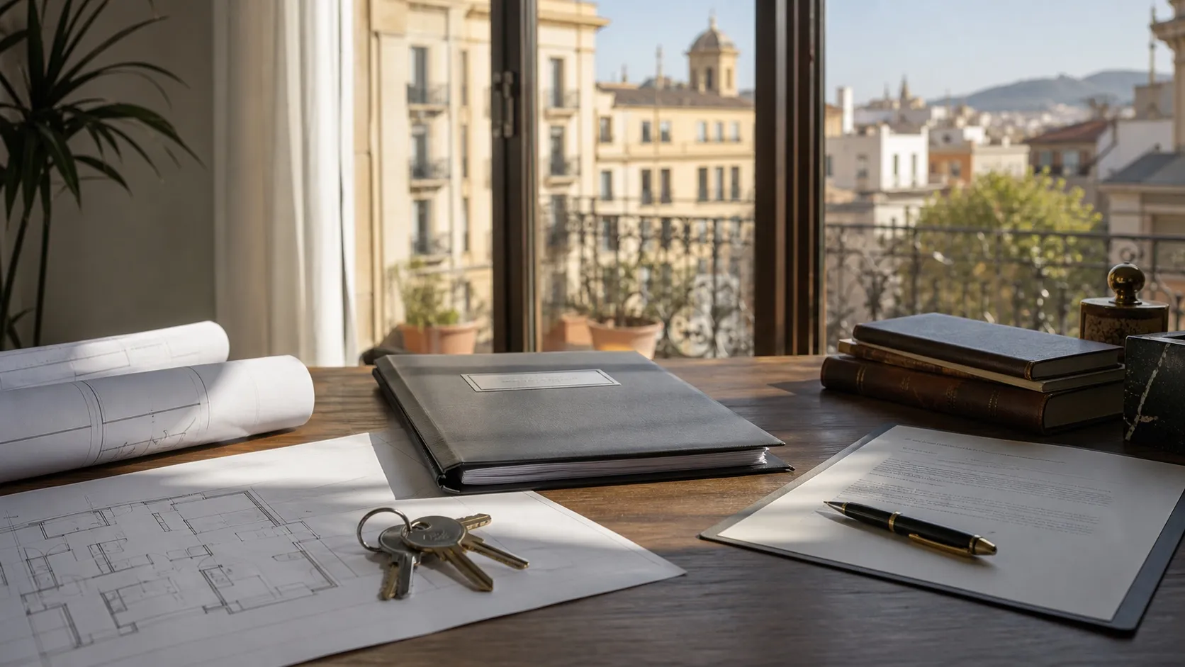 Documentos, llaves y notas de valoración sobre una mesa para una valoración inmobiliaria por herencia o divorcio en Barcelona