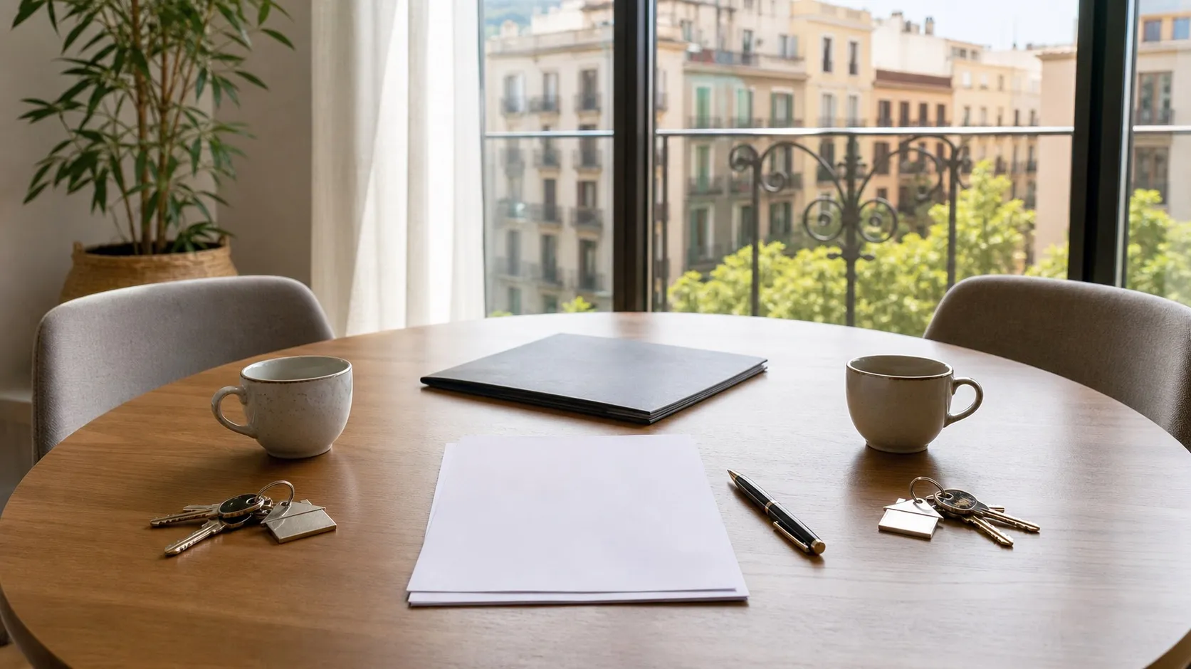 Mesa con dos juegos de llaves y documentos en un piso de Barcelona, para una guía de venta tras divorcio