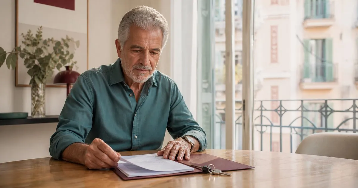 Propietario mayor revisando la escritura y el plan de venta de una vivienda en Barcelona